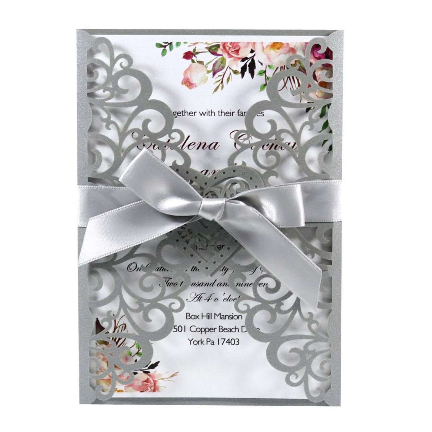 Holiday Greeting Card  Marriage Invitation With Ribbon Bow Laser Cut Paper